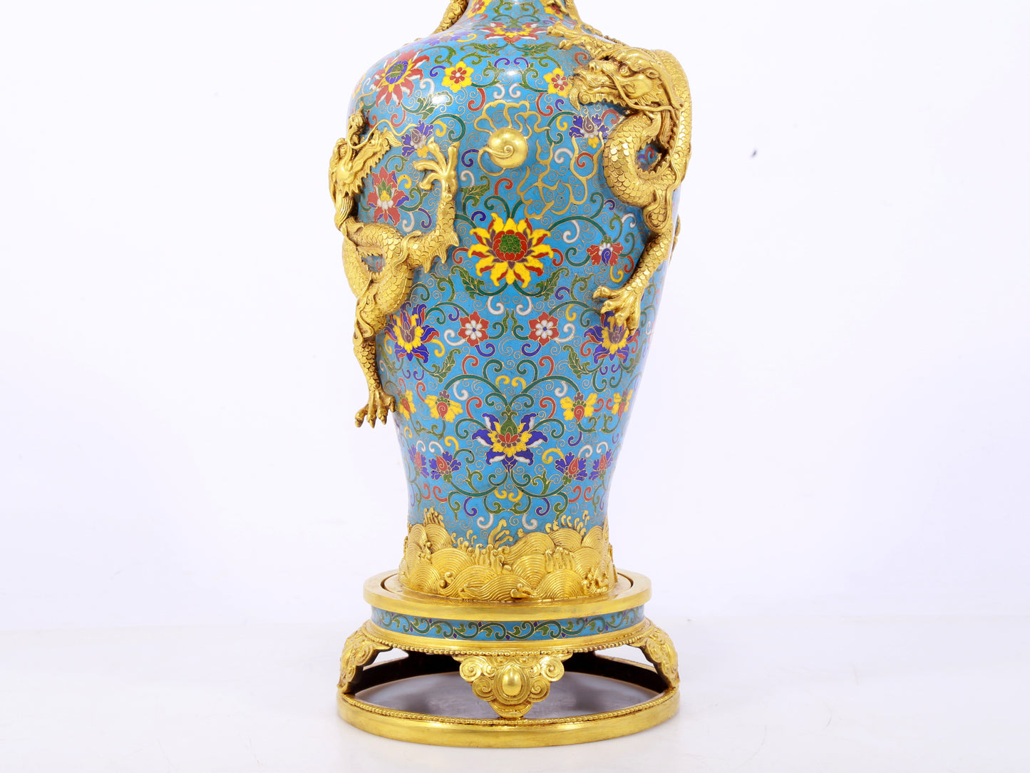 pair of stunning cloisonné vases with 'tangled lotus and dragon' patterns