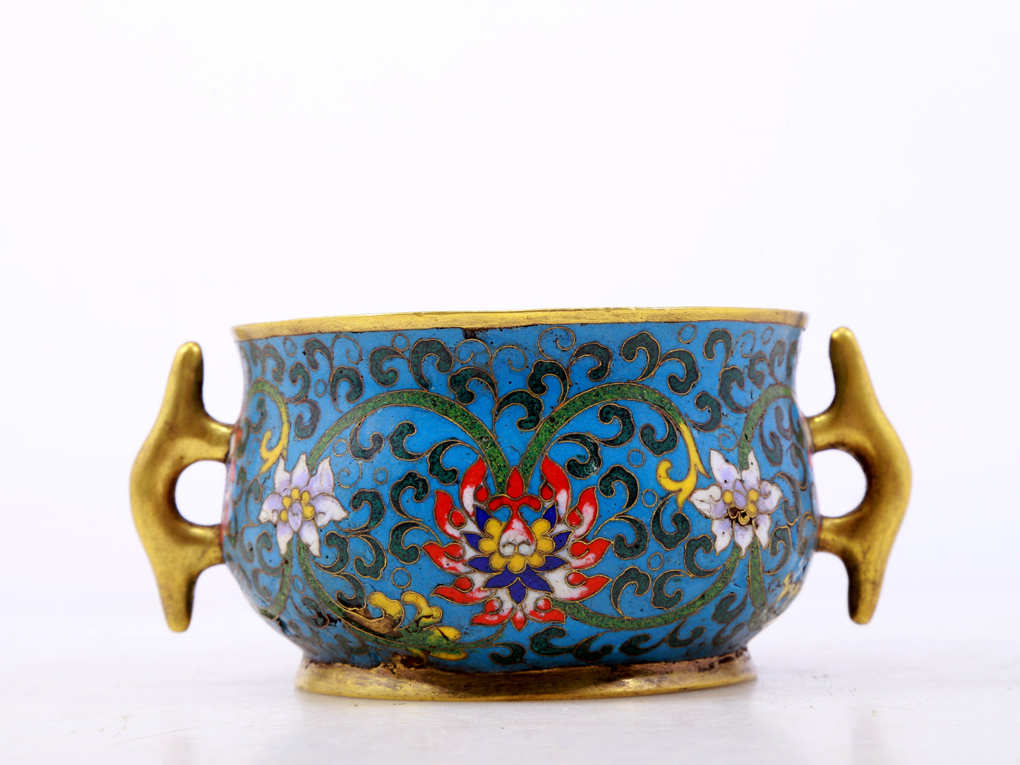 An exquisite cloisonné double-eared censer with twining lotus patterns