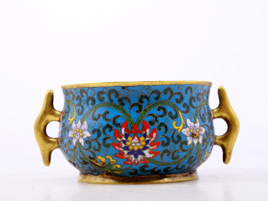 An exquisite cloisonné double-eared censer with twining lotus patterns