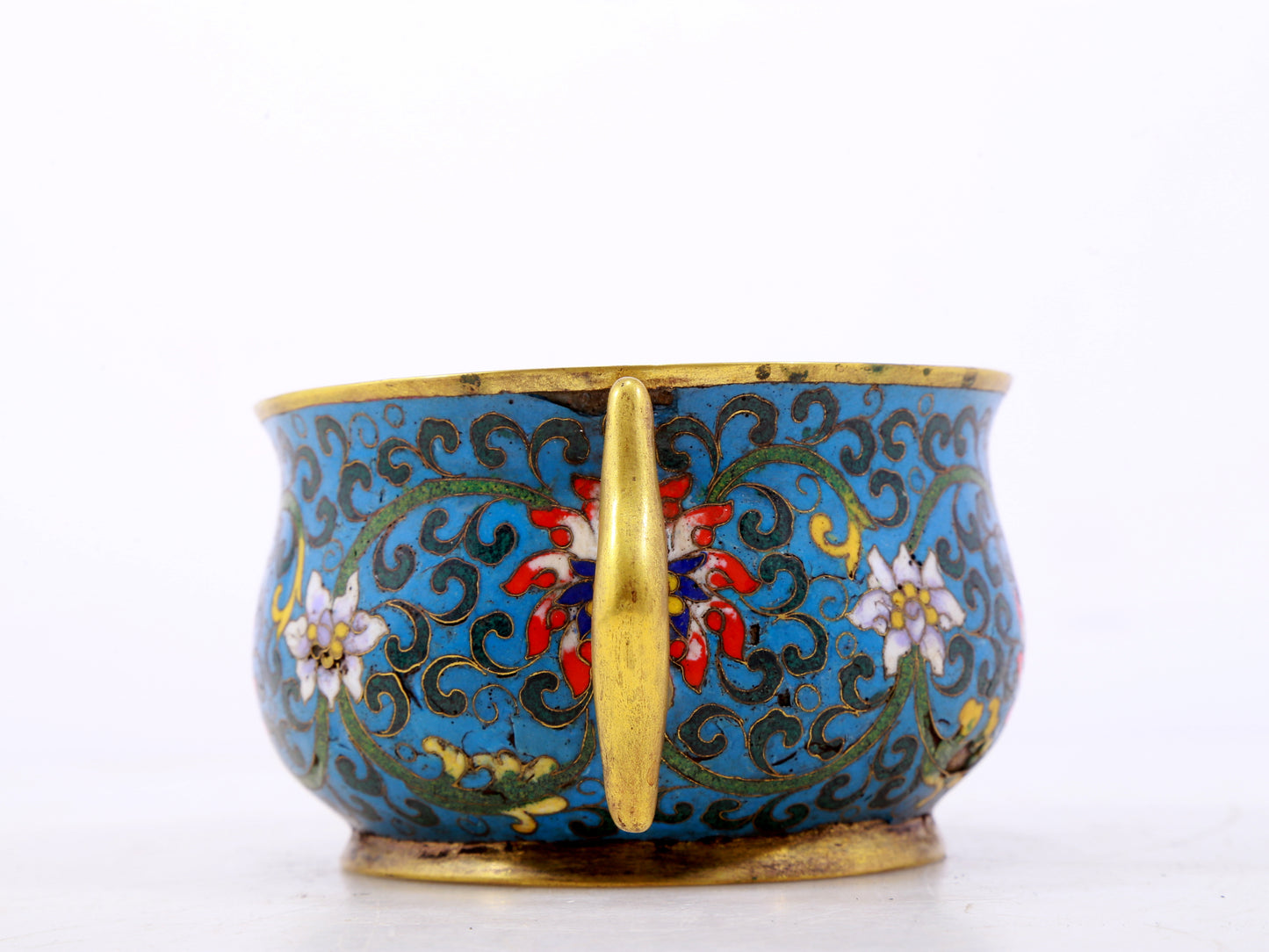 An exquisite cloisonné double-eared censer with twining lotus patterns