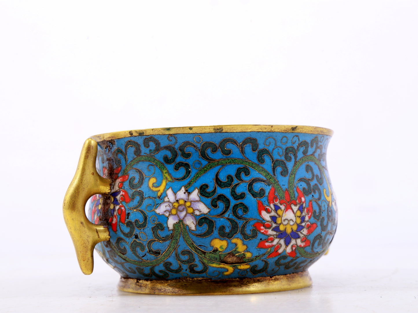 An exquisite cloisonné double-eared censer with twining lotus patterns