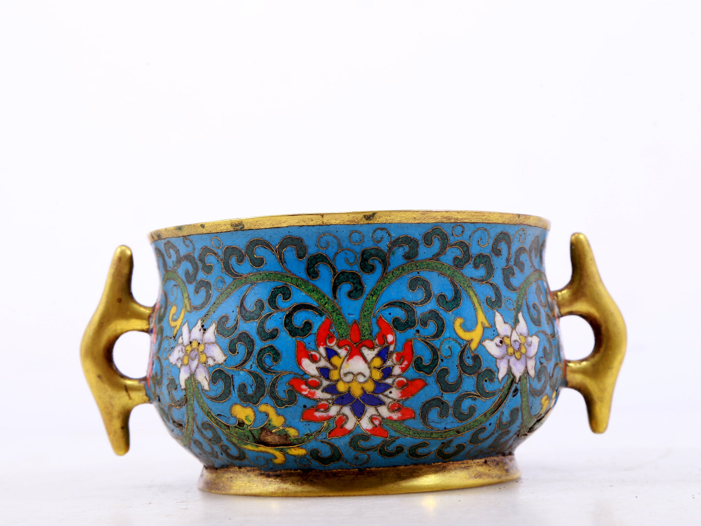 An exquisite cloisonné double-eared censer with twining lotus patterns