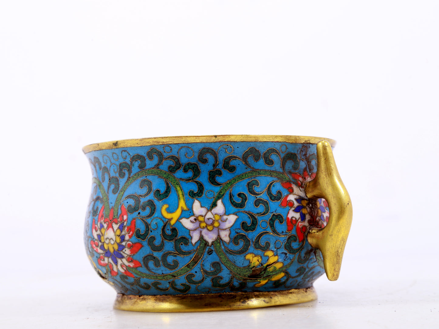 An exquisite cloisonné double-eared censer with twining lotus patterns