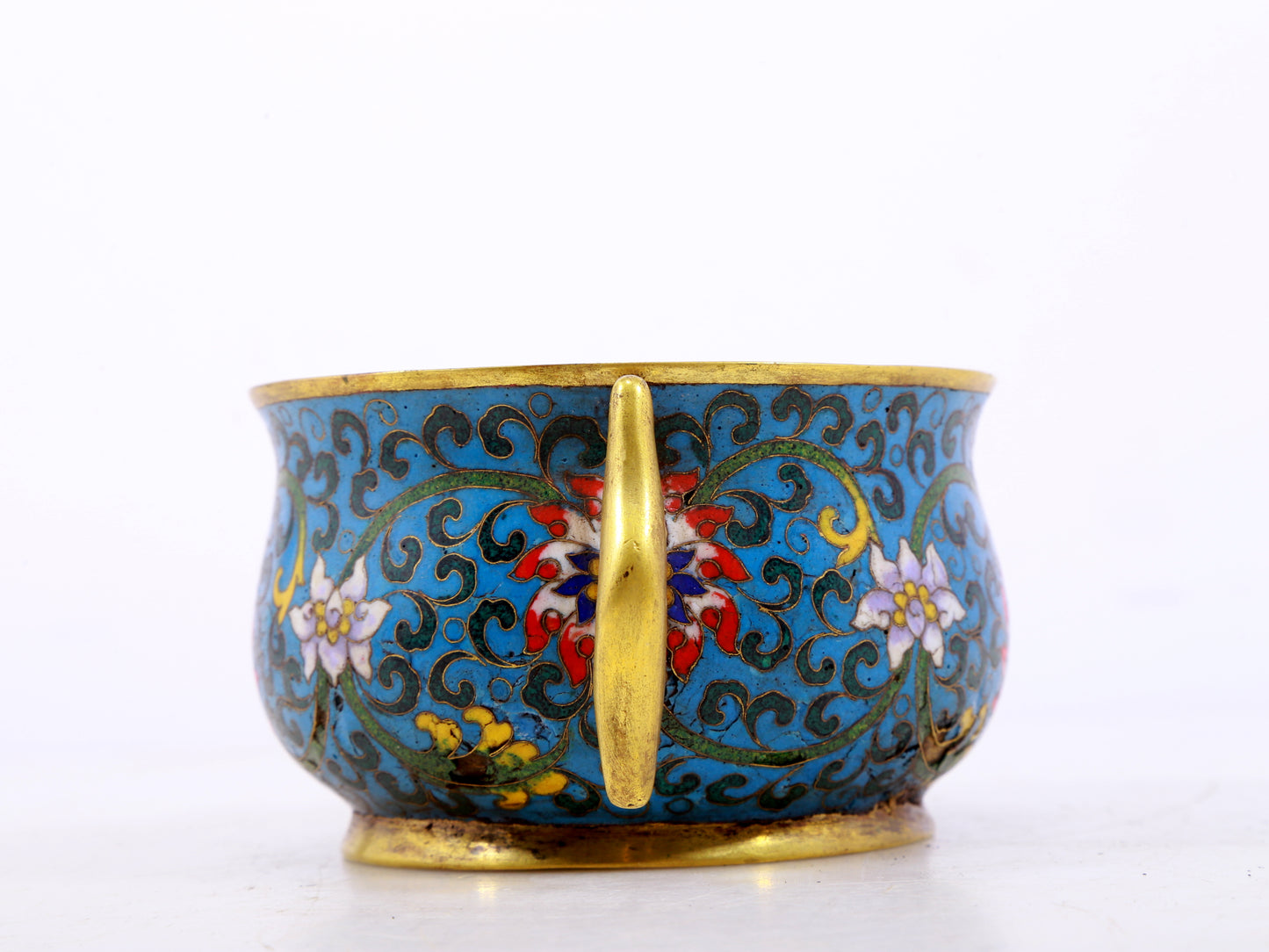 An exquisite cloisonné double-eared censer with twining lotus patterns