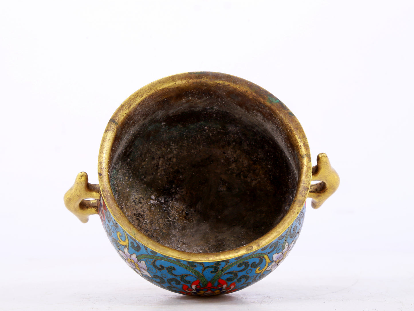 An exquisite cloisonné double-eared censer with twining lotus patterns