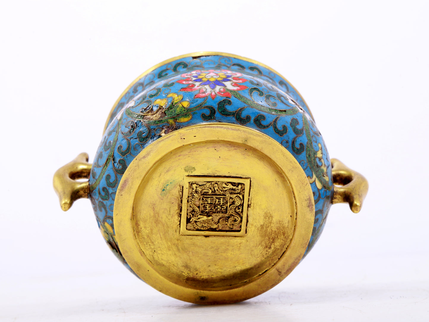 An exquisite cloisonné double-eared censer with twining lotus patterns