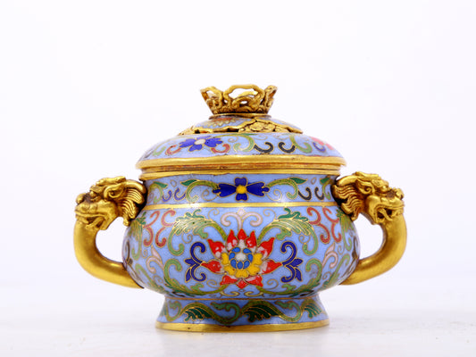 An exquisite cloisonné tangled lotus pattern double-eared censer with lid