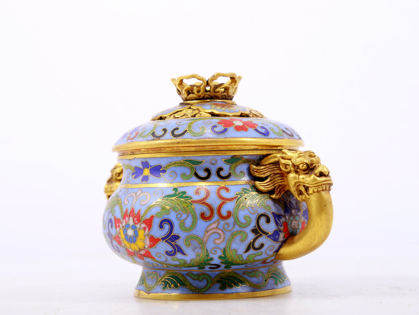 An exquisite cloisonné tangled lotus pattern double-eared censer with lid