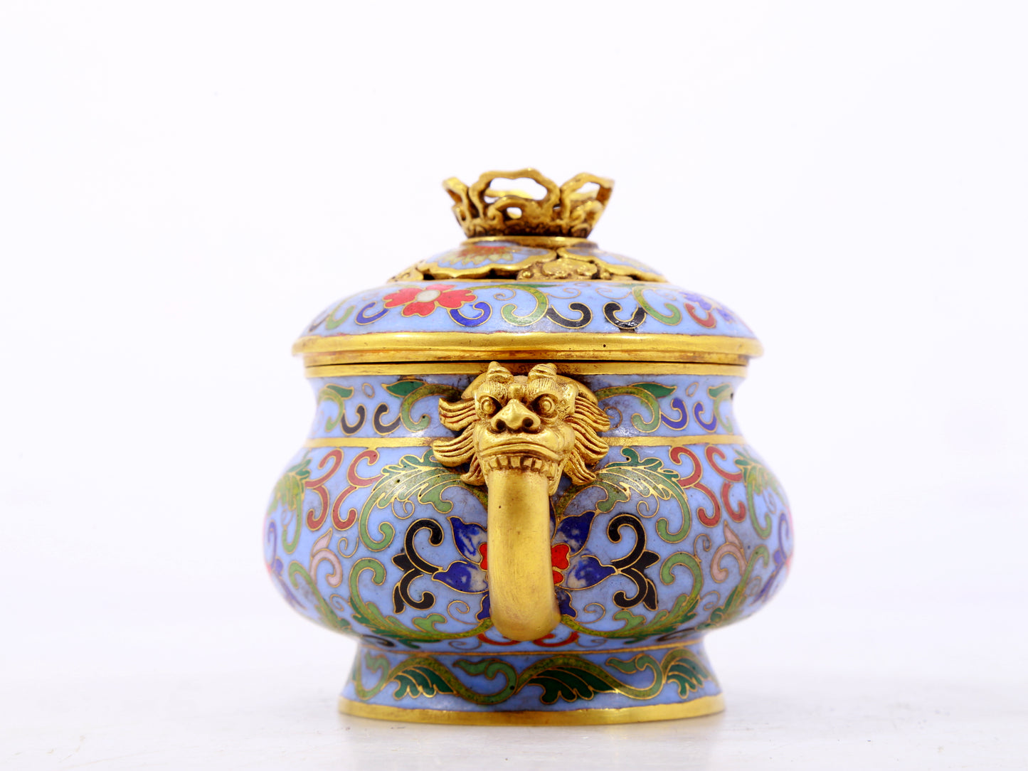 An exquisite cloisonné tangled lotus pattern double-eared censer with lid