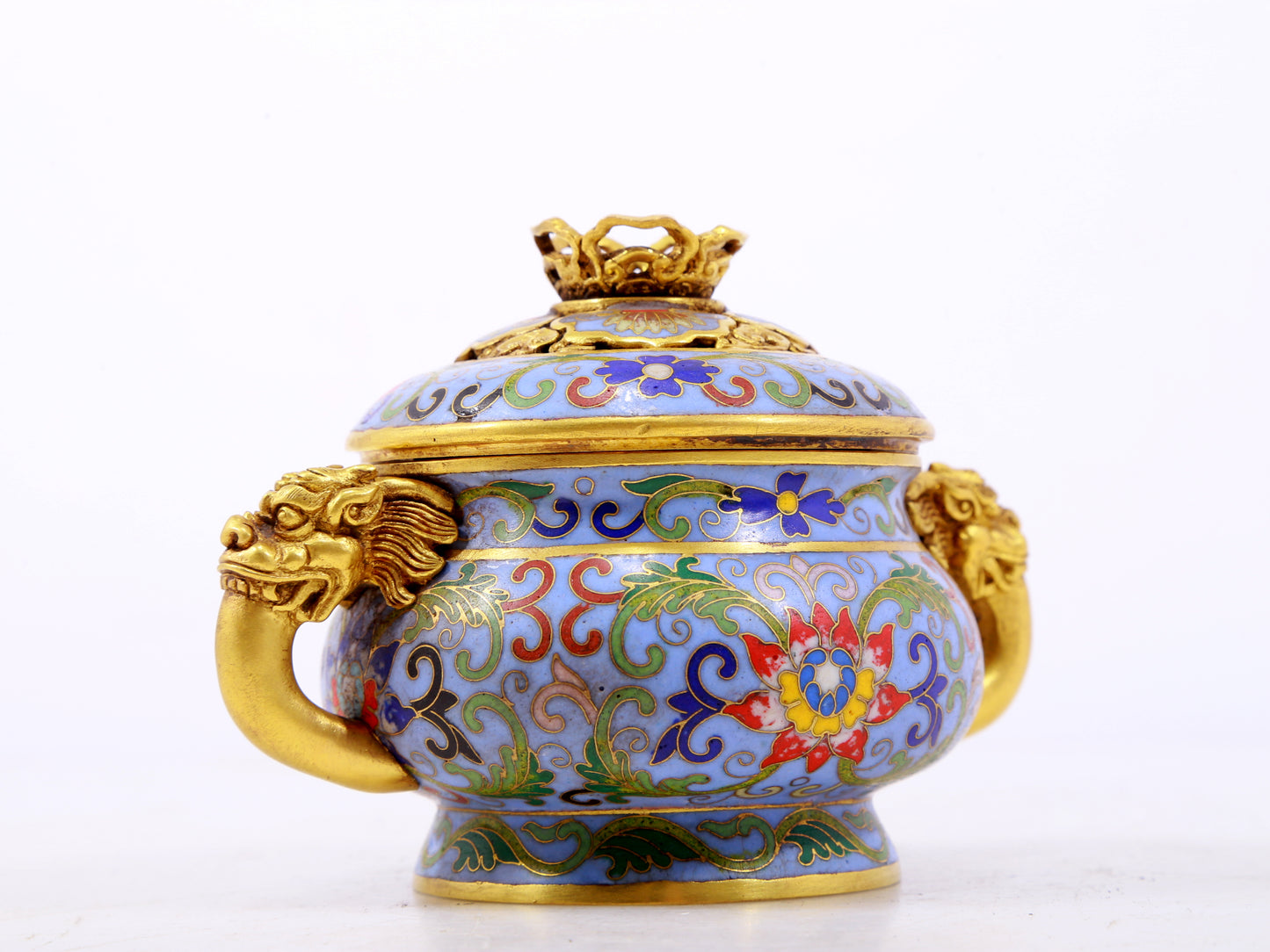 An exquisite cloisonné tangled lotus pattern double-eared censer with lid