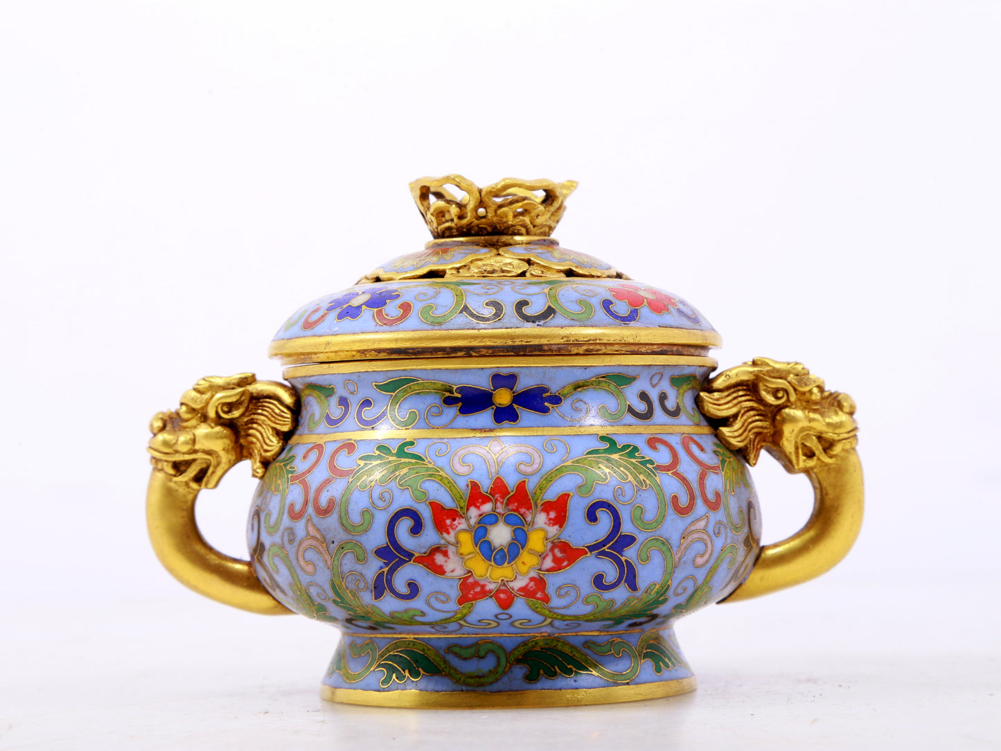 An exquisite cloisonné tangled lotus pattern double-eared censer with lid