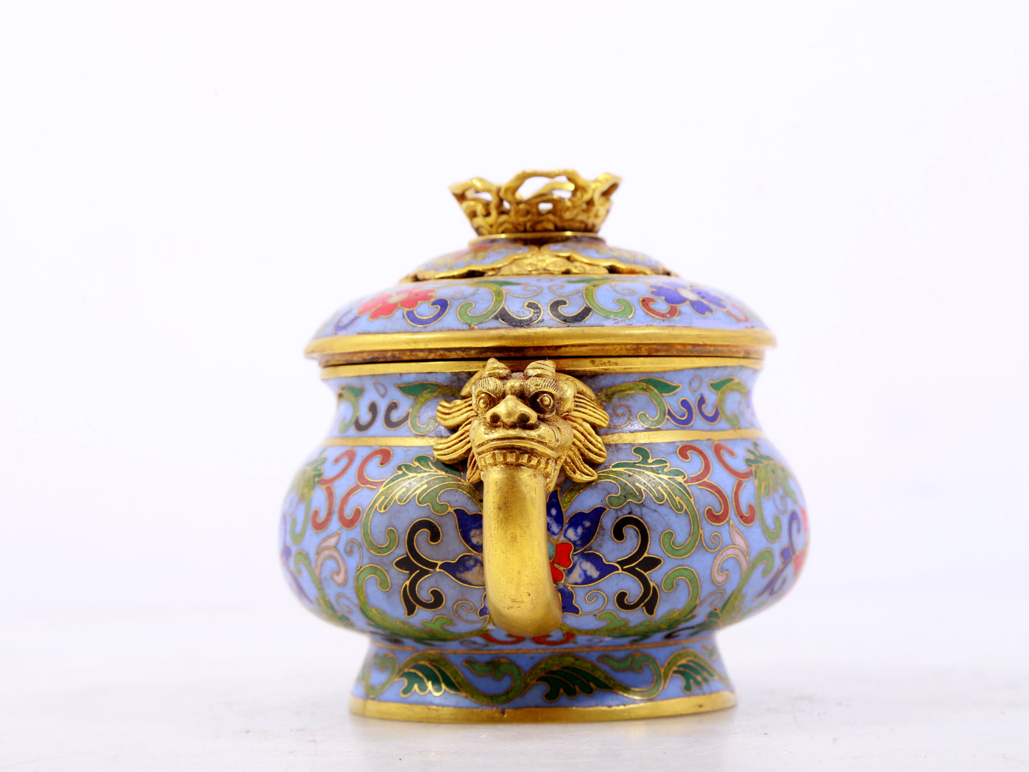 An exquisite cloisonné tangled lotus pattern double-eared censer with lid