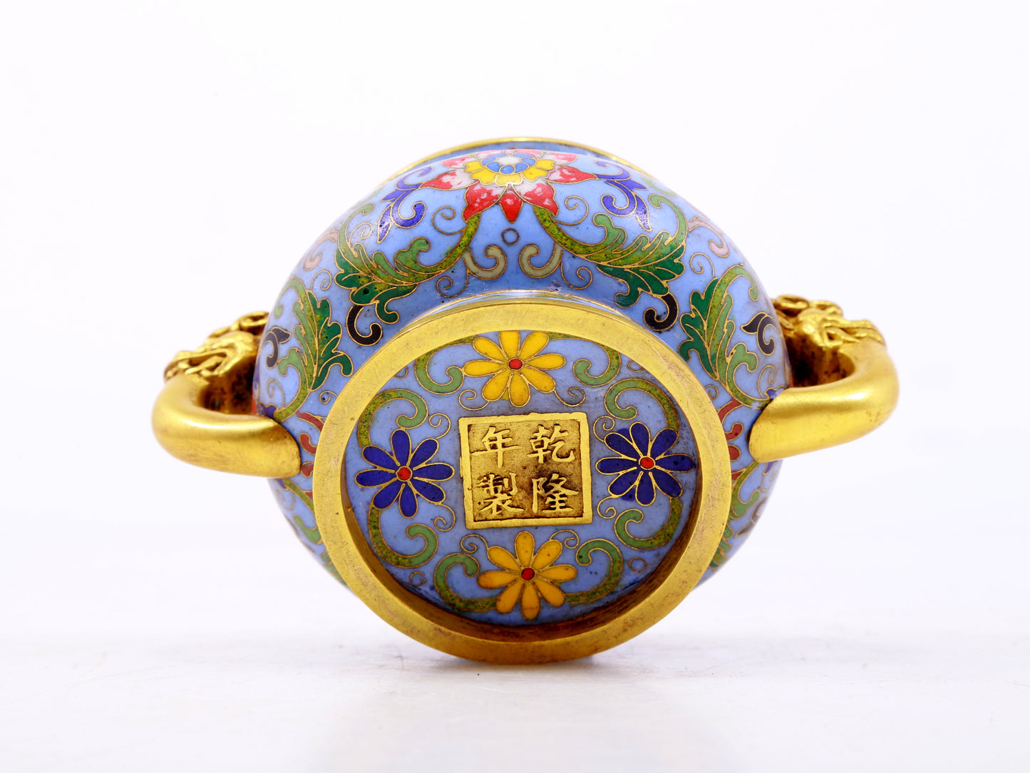 An exquisite cloisonné tangled lotus pattern double-eared censer with lid