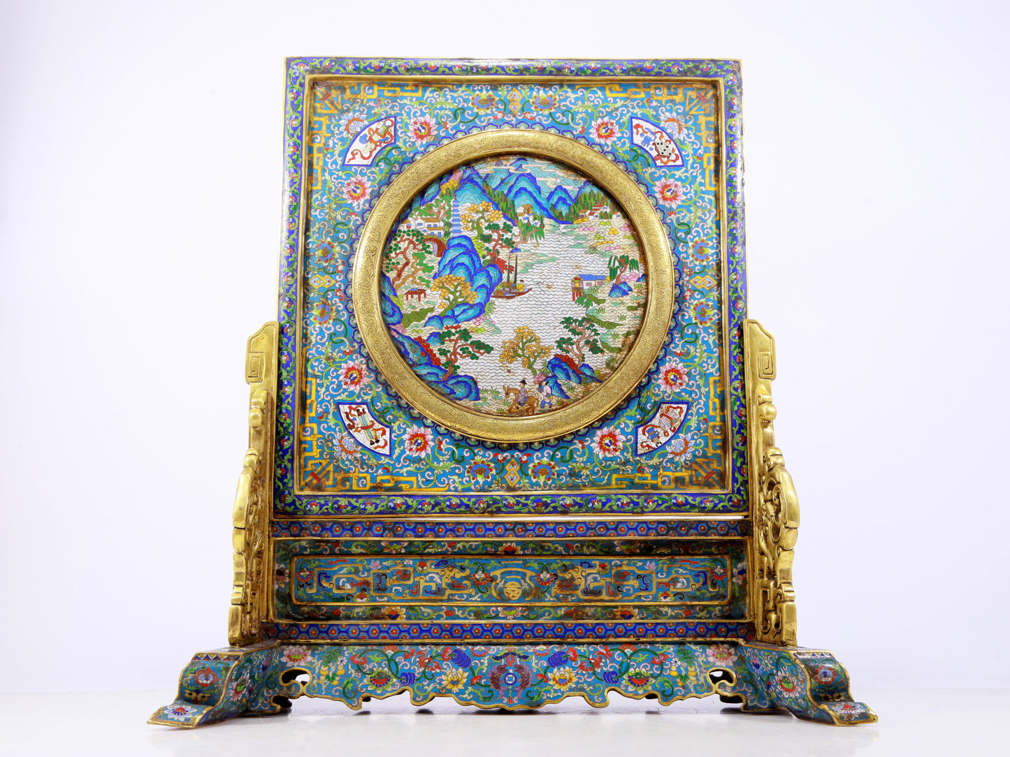 A rare cloisonné 'landscape and figures' table screen