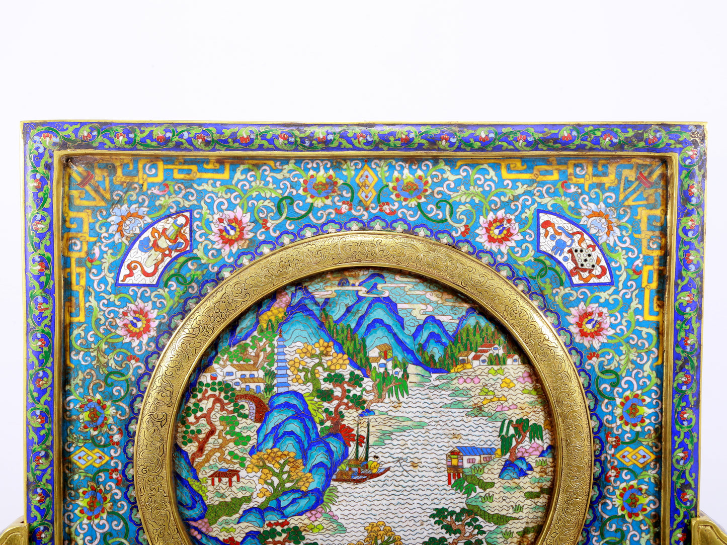 A rare cloisonné 'landscape and figures' table screen