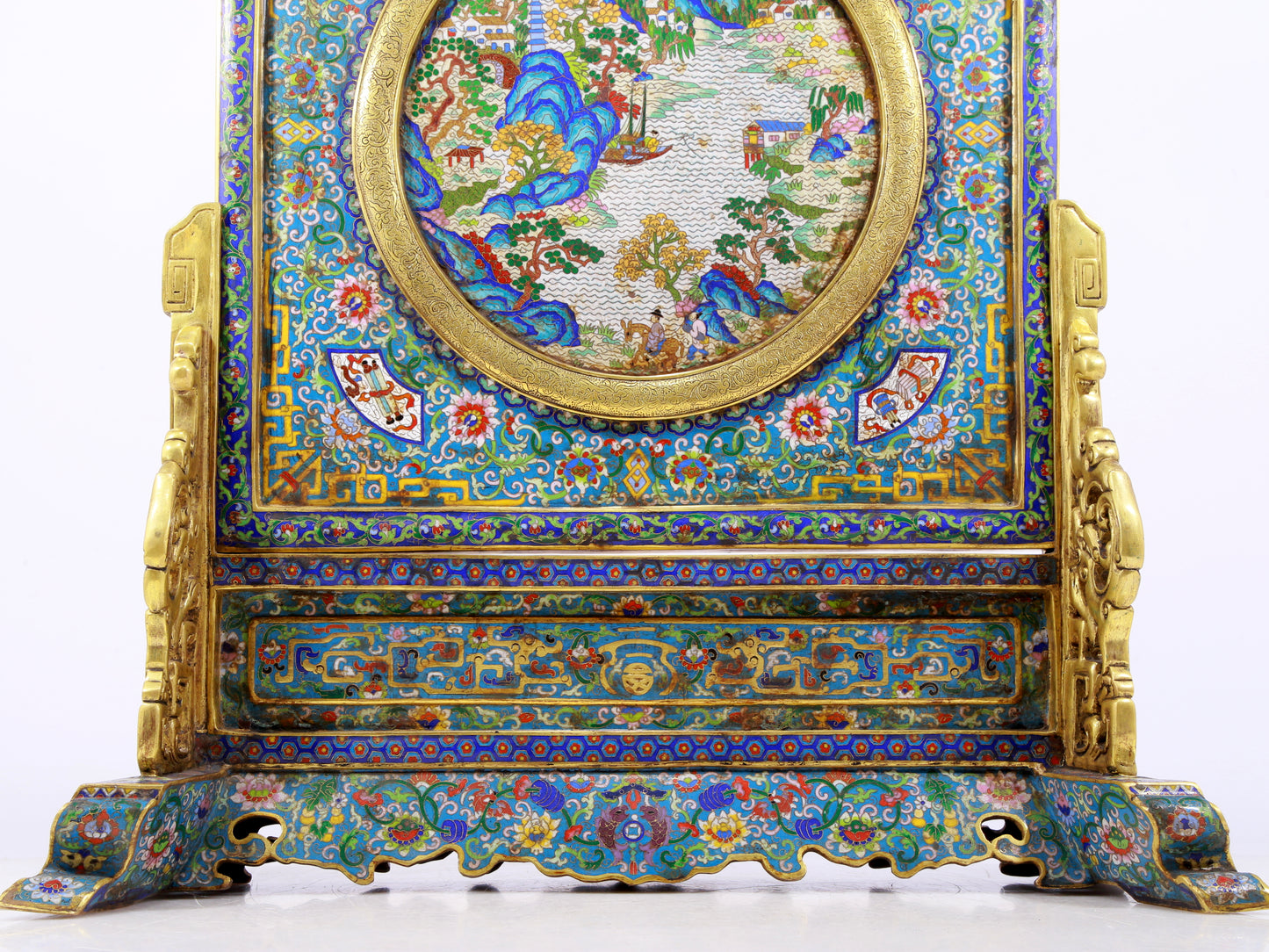 A rare cloisonné 'landscape and figures' table screen