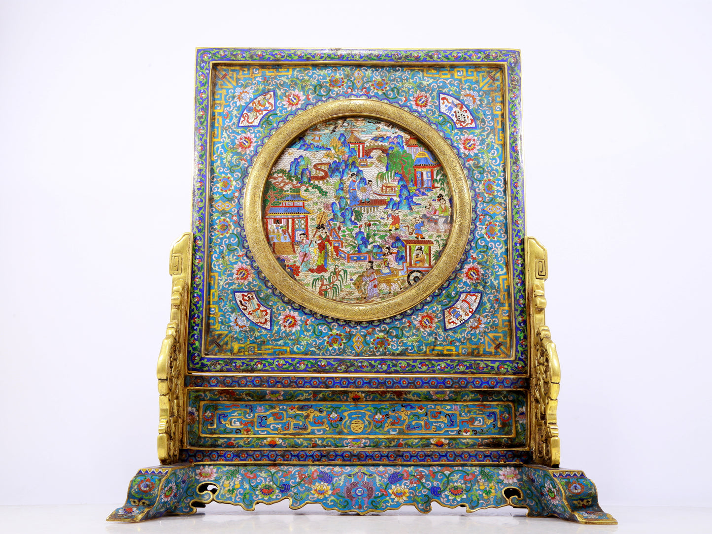 A rare cloisonné 'landscape and figures' table screen