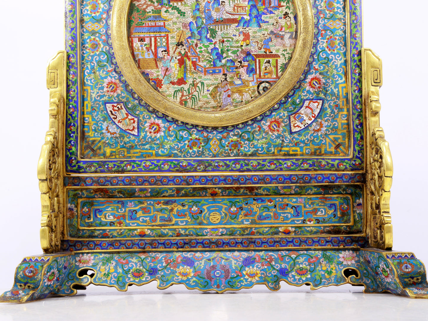 A rare cloisonné 'landscape and figures' table screen