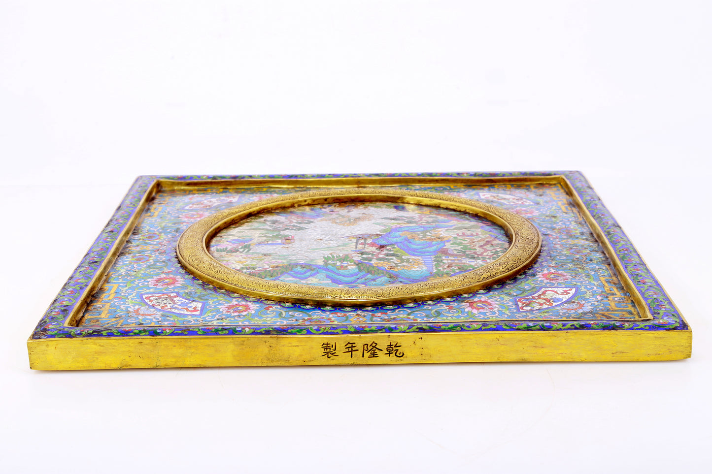 A rare cloisonné 'landscape and figures' table screen