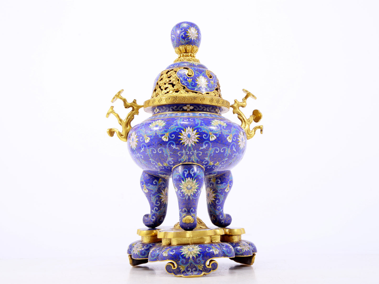 An exquisite cloisonné tangled lotus pattern two-eared tripod censer with lid