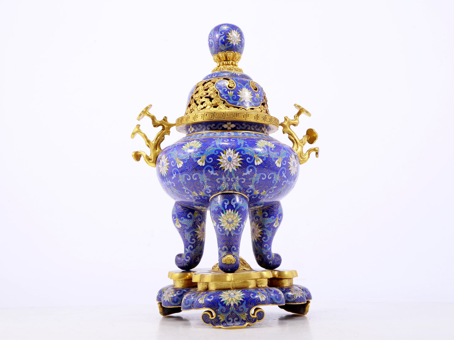 An exquisite cloisonné tangled lotus pattern two-eared tripod censer with lid