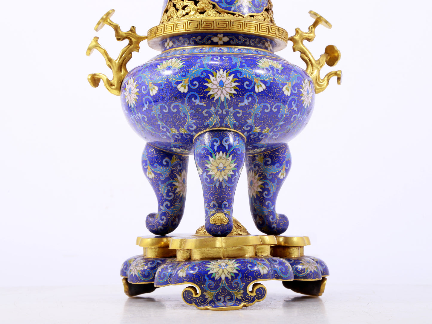 An exquisite cloisonné tangled lotus pattern two-eared tripod censer with lid