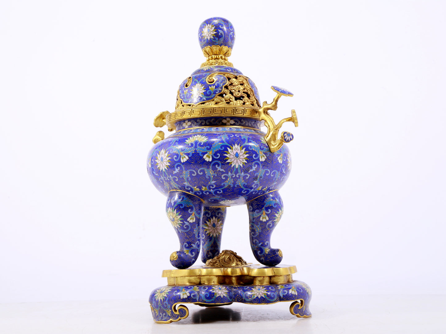 An exquisite cloisonné tangled lotus pattern two-eared tripod censer with lid