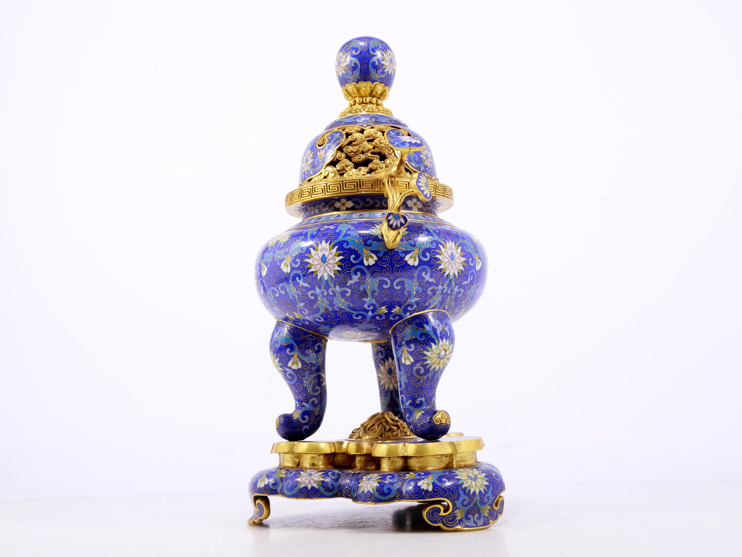 An exquisite cloisonné tangled lotus pattern two-eared tripod censer with lid