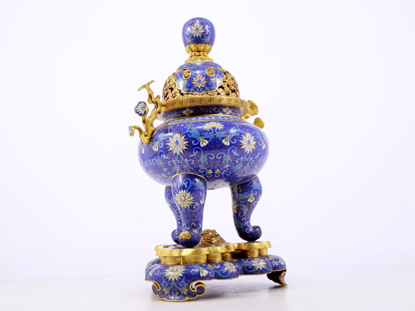 An exquisite cloisonné tangled lotus pattern two-eared tripod censer with lid