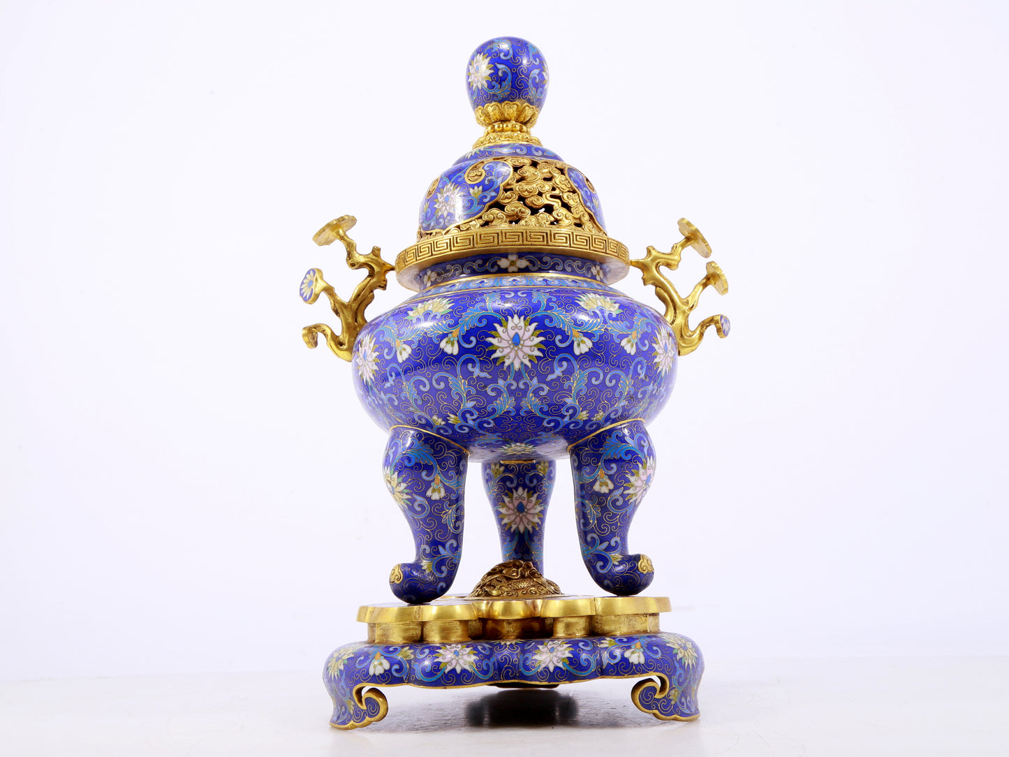 An exquisite cloisonné tangled lotus pattern two-eared tripod censer with lid