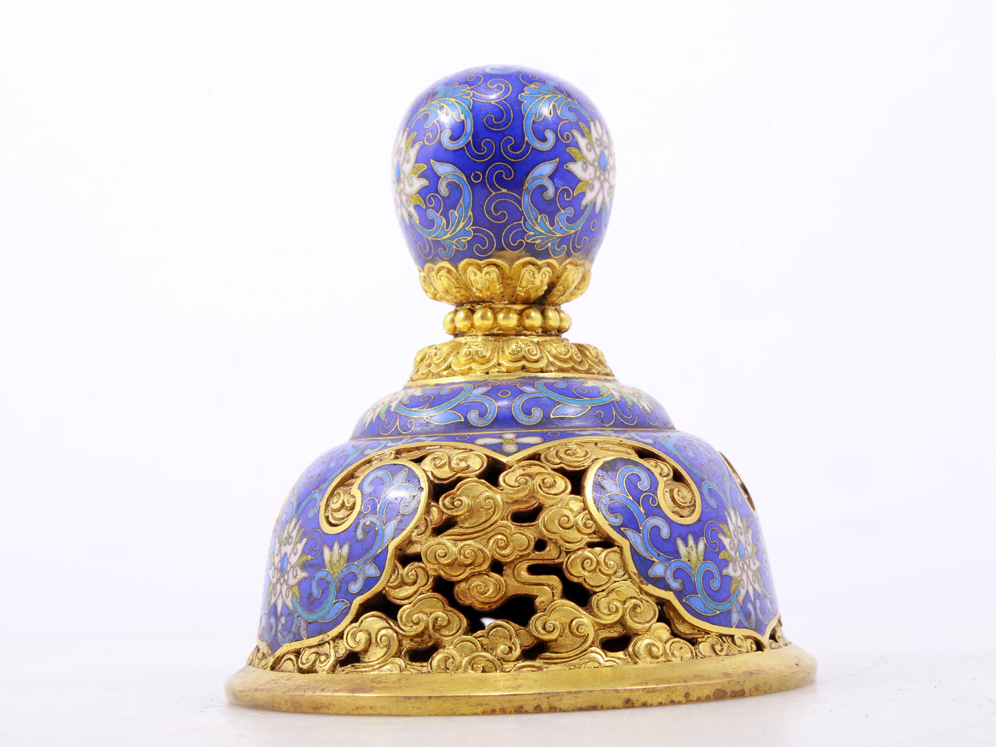 An exquisite cloisonné tangled lotus pattern two-eared tripod censer with lid