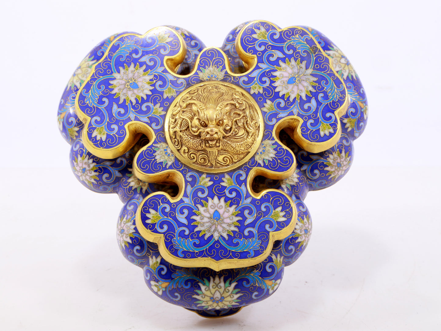 An exquisite cloisonné tangled lotus pattern two-eared tripod censer with lid