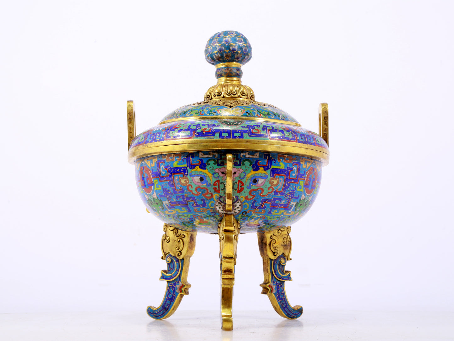 A fine cloisonné 'Lotus and animal mask' amphorae and tripod stove with lid