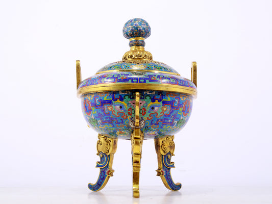 A fine cloisonné 'Lotus and animal mask' amphorae and tripod stove with lid