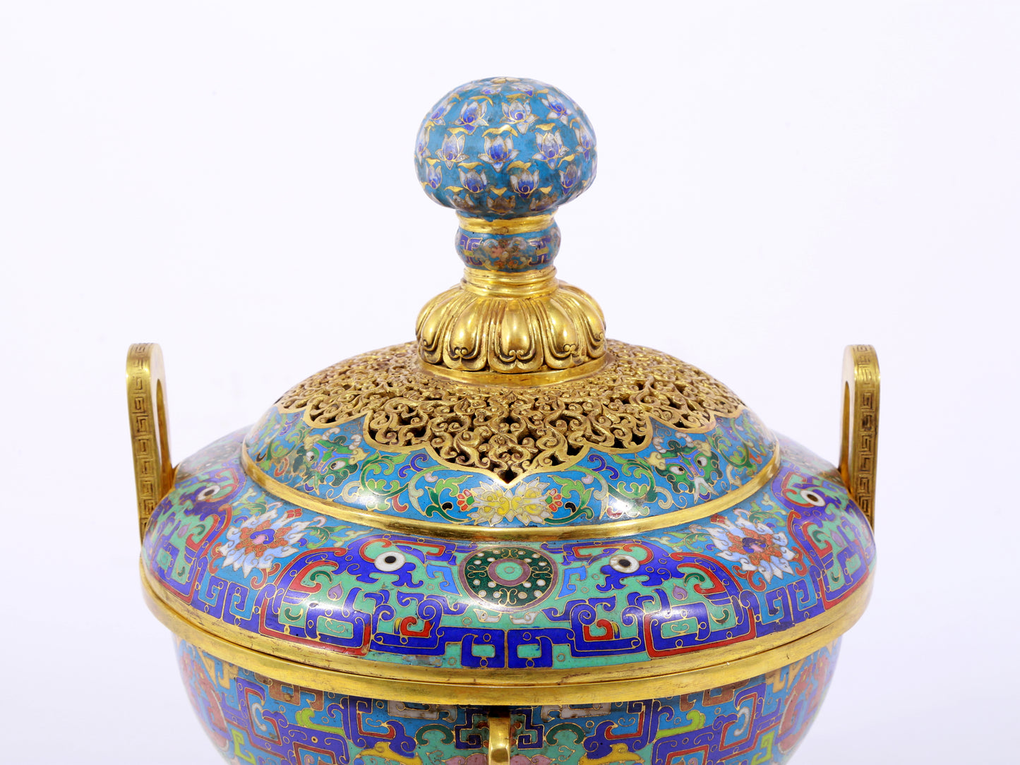 A fine cloisonné 'Lotus and animal mask' amphorae and tripod stove with lid