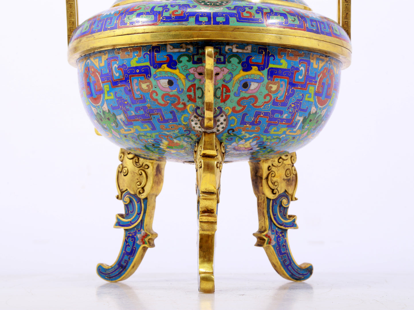 A fine cloisonné 'Lotus and animal mask' amphorae and tripod stove with lid