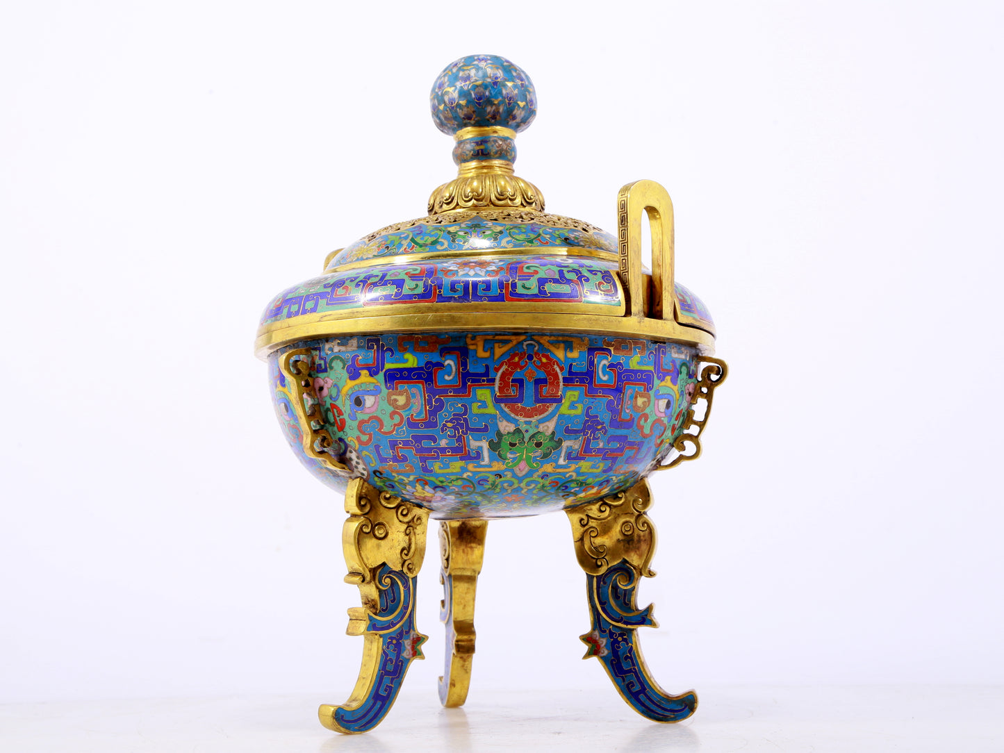 A fine cloisonné 'Lotus and animal mask' amphorae and tripod stove with lid