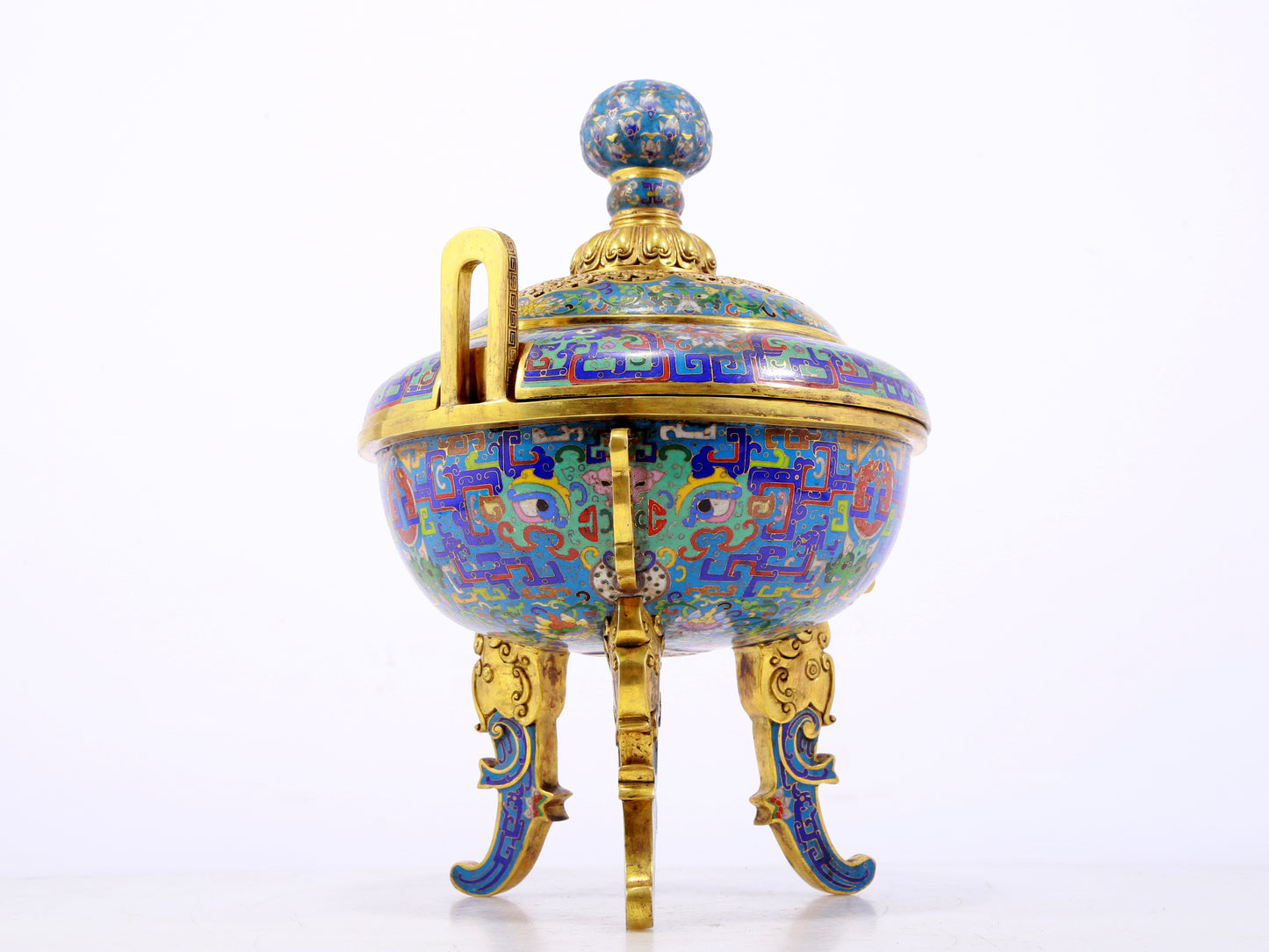 A fine cloisonné 'Lotus and animal mask' amphorae and tripod stove with lid