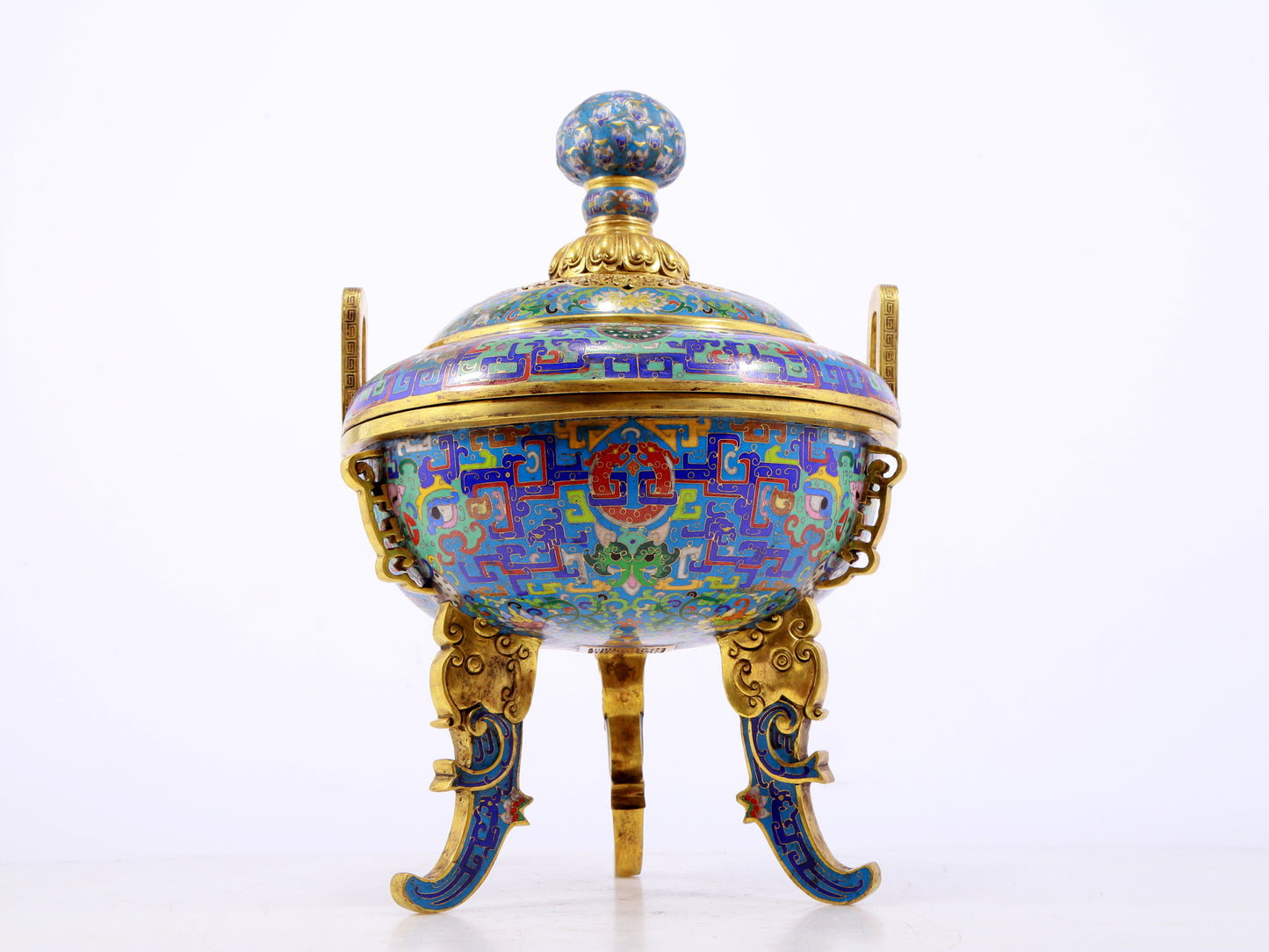 A fine cloisonné 'Lotus and animal mask' amphorae and tripod stove with lid