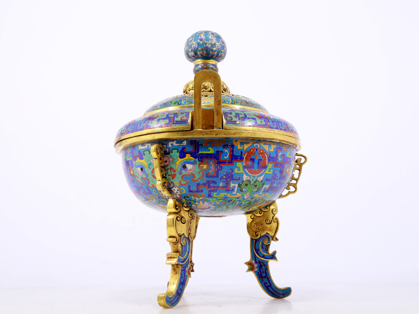 A fine cloisonné 'Lotus and animal mask' amphorae and tripod stove with lid