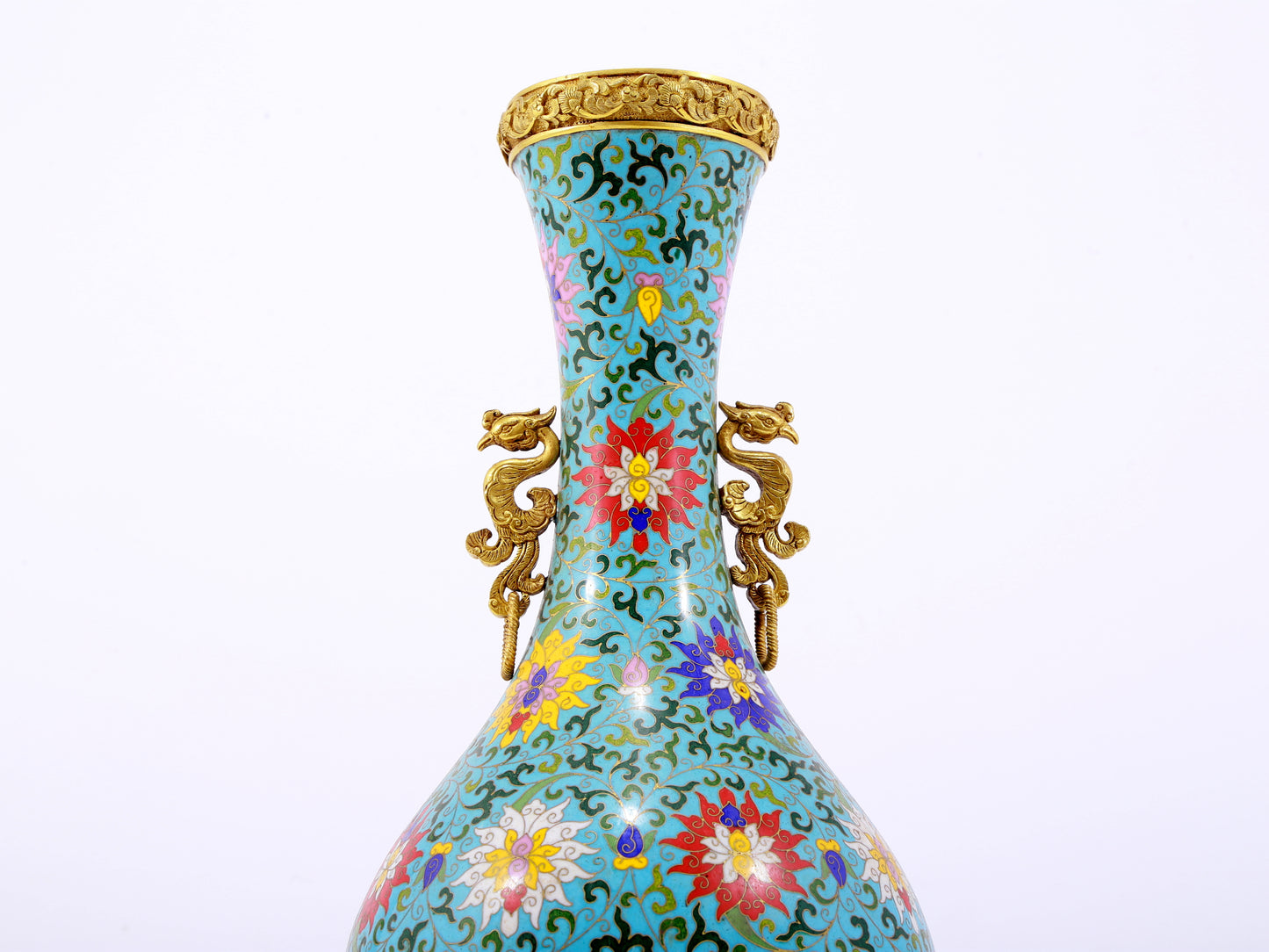 A pair of exquisite cloisonné phoenix-ear vases with entangled branches and lotus patterns