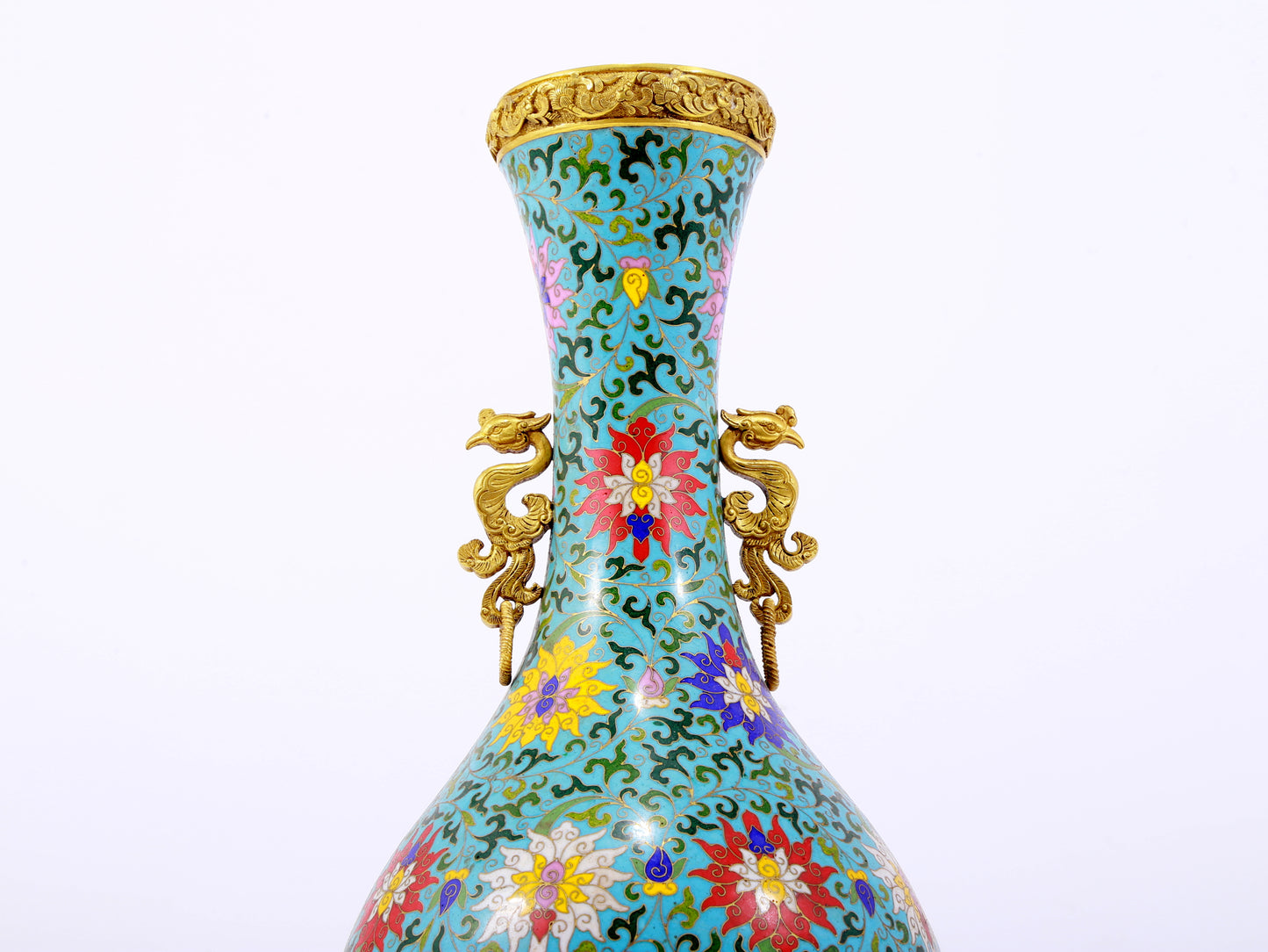 A pair of exquisite cloisonné phoenix-ear vases with entangled branches and lotus patterns