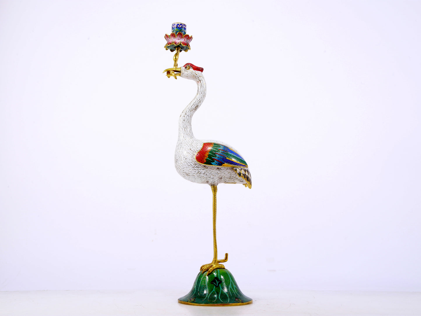 A pair of exquisite cloisonné crane-shaped candlesticks