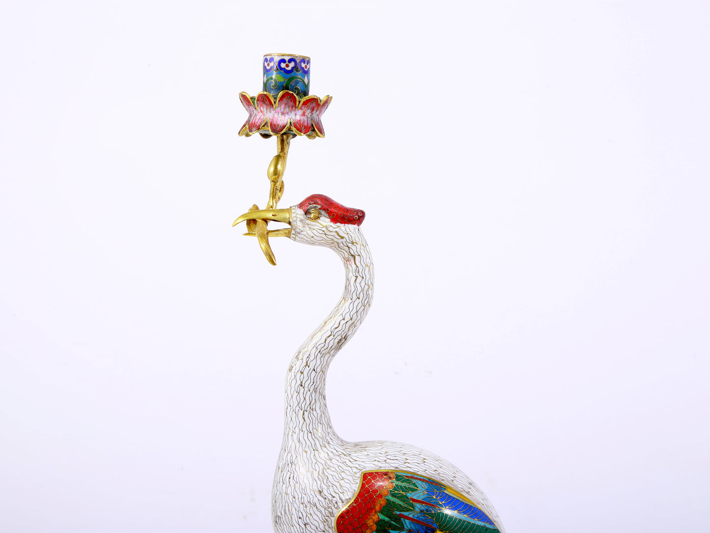 A pair of exquisite cloisonné crane-shaped candlesticks