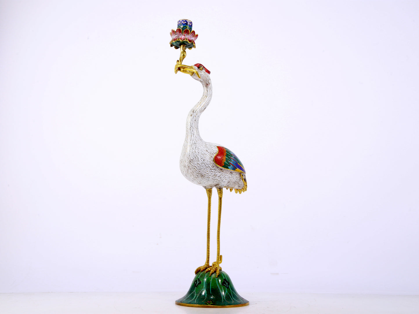 A pair of exquisite cloisonné crane-shaped candlesticks