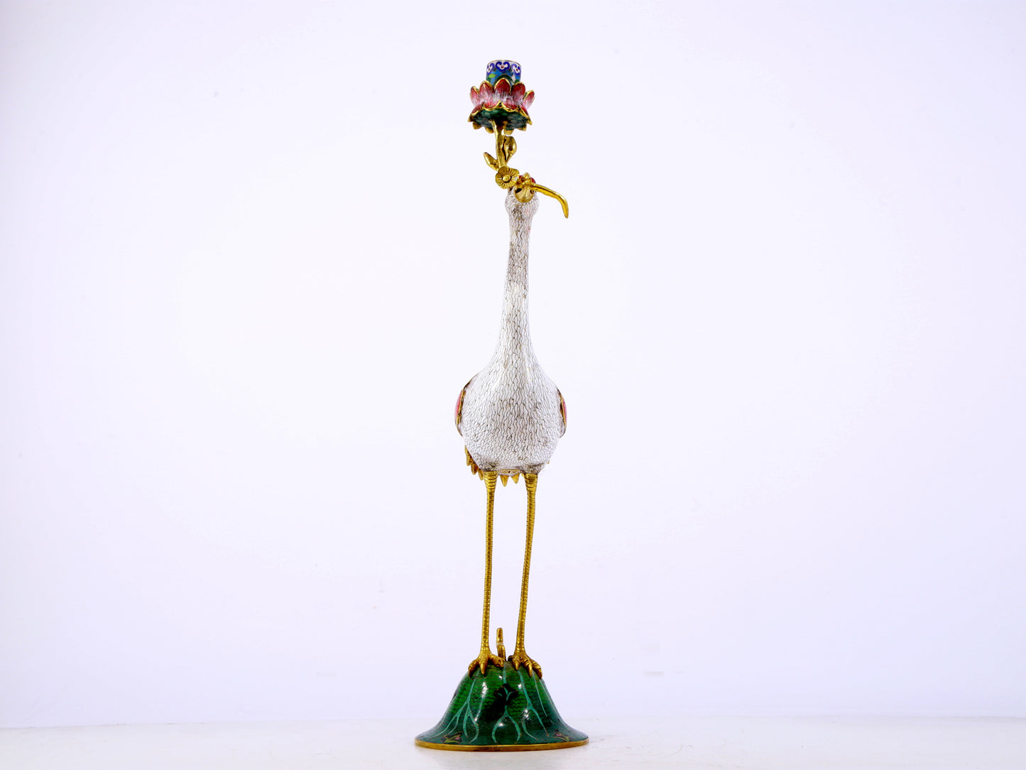 A pair of exquisite cloisonné crane-shaped candlesticks