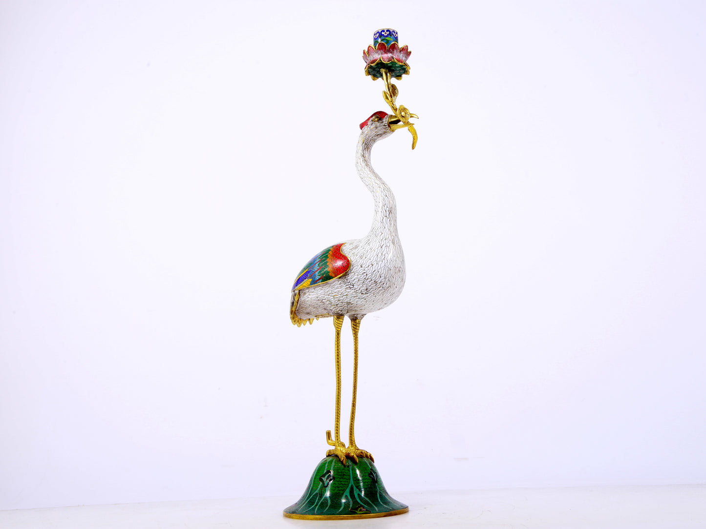 A pair of exquisite cloisonné crane-shaped candlesticks