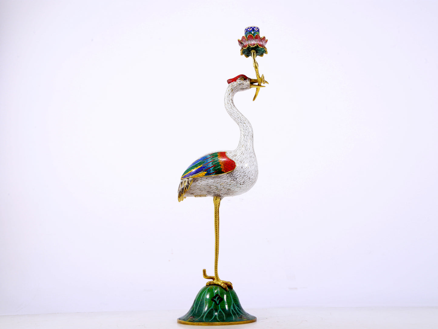 A pair of exquisite cloisonné crane-shaped candlesticks