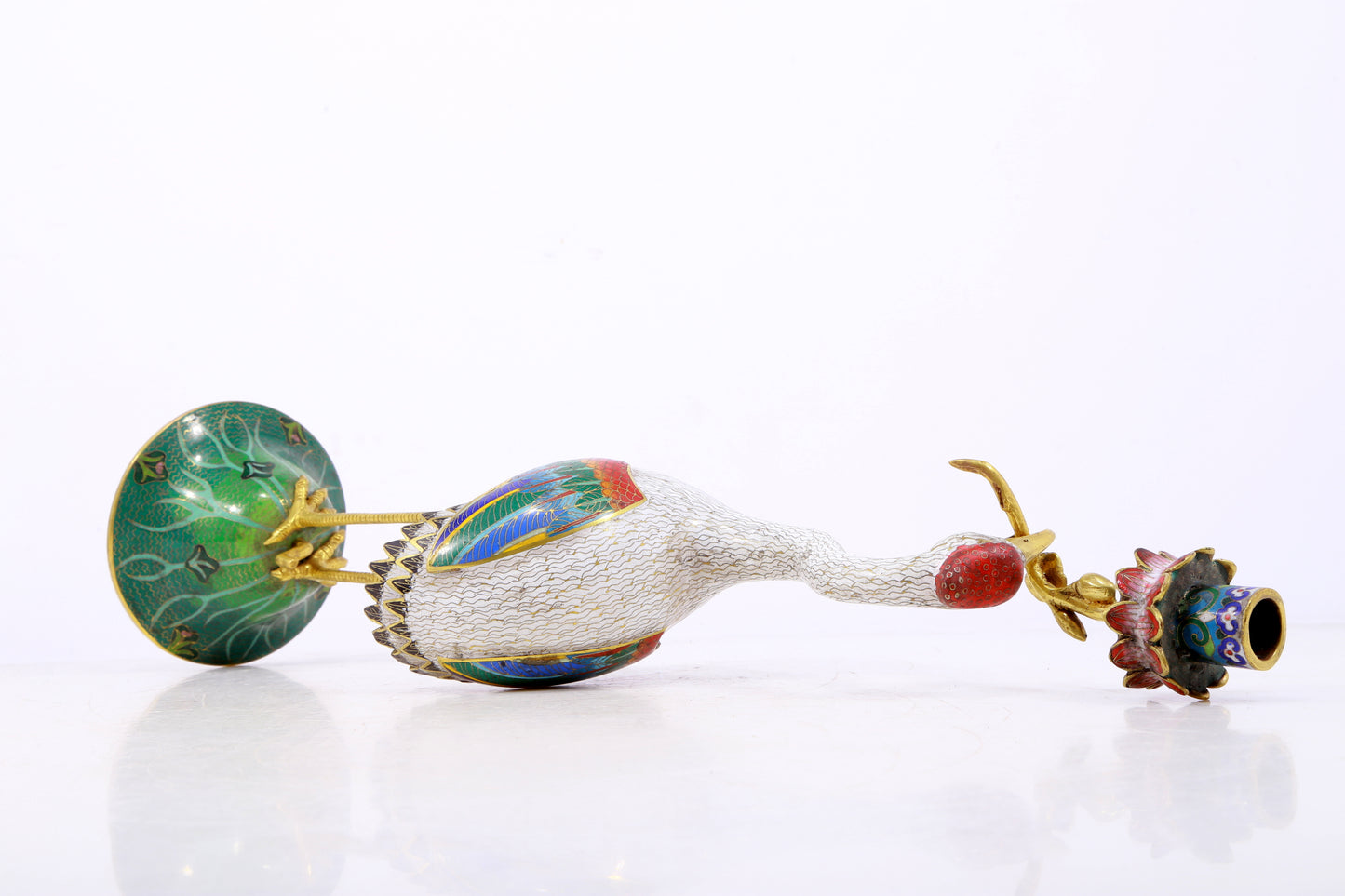 A pair of exquisite cloisonné crane-shaped candlesticks