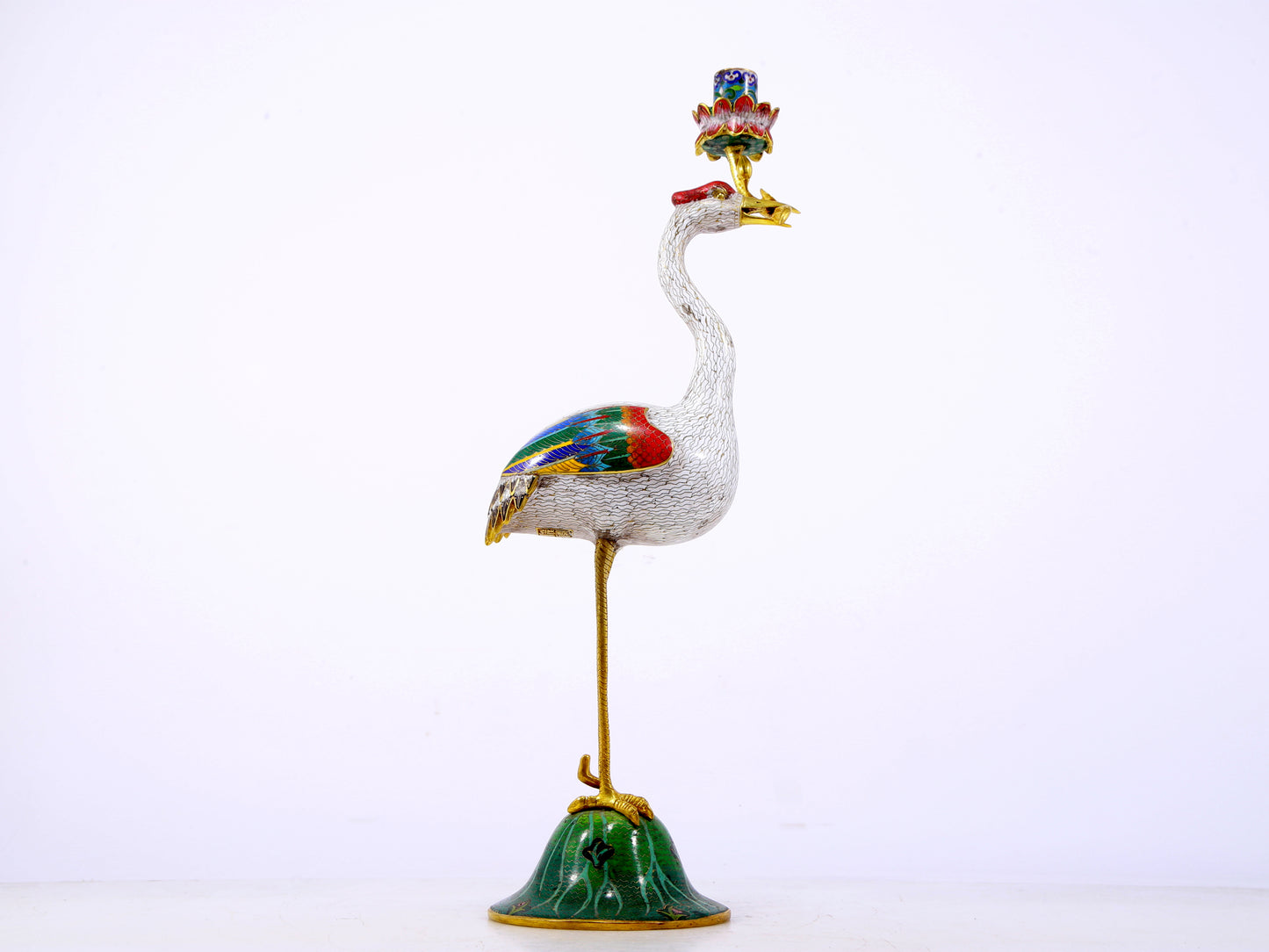 A pair of exquisite cloisonné crane-shaped candlesticks